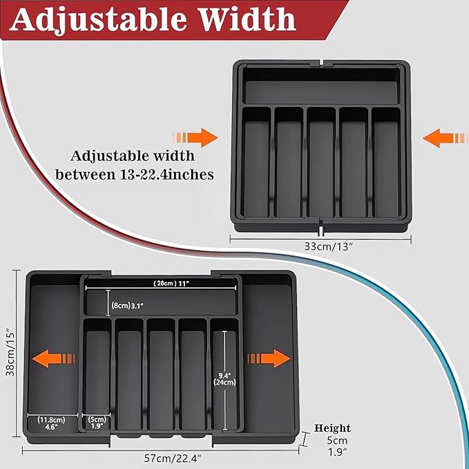 Flatware Organizers - Kitchen Drawer Organizer for Utensils and Silverware Expandable Silverware Holder and Cutlery Tray Black Kitchen Decor and Accessories Large Storage Capacity