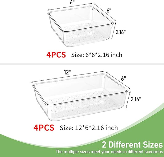 8 PCS Clear Plastic Drawer Organizer Tray, Acrylic Vanity Bathroom Drawer Organizers Trays, Desk Drawer Organizer Bins for Cosmetic, Makeup, Kitchen, Office, Junk Drawer Divider Organization