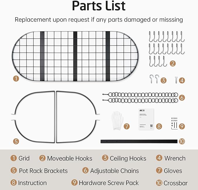 KES 48 Inch Large Hanging Pot Rack, Heavy Duty Oval Pot and Pan Hanging Rack Ceiling Mount, Pot Pan Hangers for Kitchen with 20 Hooks, Matte Black, (For 16" and 24" Stud Mount), KUR225S122-BK