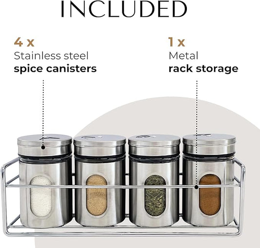 4 Pcs Stainless Steel Spice Seasoning Container Jars with Storage Rack, Perfect for Storing Spices, Salt, Pepper, Sugar and Dry Ingredients (Silver)