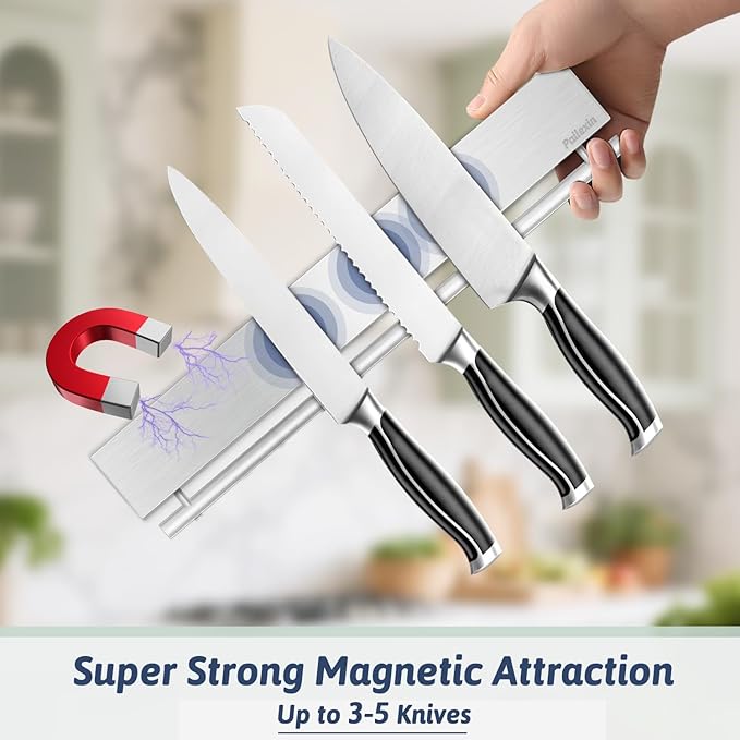12 Inch Magnetic Knife Holder for Wall - Stainless Steel Magnet Knife Strip No Drill with 5 Hooks/Adhesive Tape/Screws, Kitchen Utensil Holder, Magnetic Knife Organizer, Wall Mounted Knife Storage