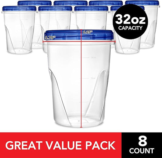 Stock Your Home 32oz Plastic Containers with Twist Top Lids (3 Pack) – Quart Freezer Containers for Leftovers, Airtight Reusable Soup Storage, Microwave & Dishwasher Safe