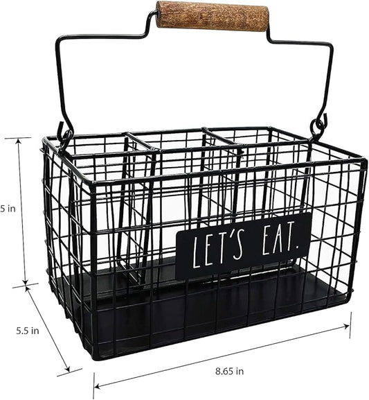 Rae Dunn 6 Section Utensil Caddy - Silverware Holder, Cutlery Caddy for Fork, Knife and Spoon - Rustic Farmhouse Metal Grid-Iron Frame - Kitchen Organizer and Countertop Space Saver for Flatware