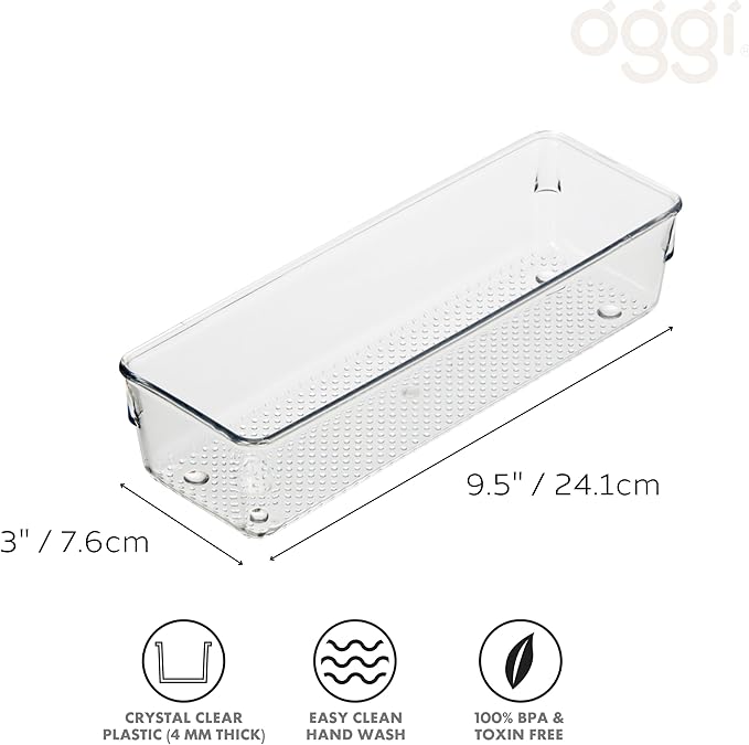 Oggi Clear Drawer Organizer - 3" X 9" - Ideal for Organizing Kitchen Drawers, Office, Desk, Silverware, Kitchen Utensils, Cosmetics and Bathrooms (Pack of 2)