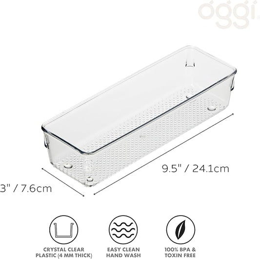 Oggi Clear Drawer Organizer - 3" X 9" - Ideal for Organizing Kitchen Drawers, Office, Desk, Silverware, Kitchen Utensils, Cosmetics and Bathrooms (Pack of 2)