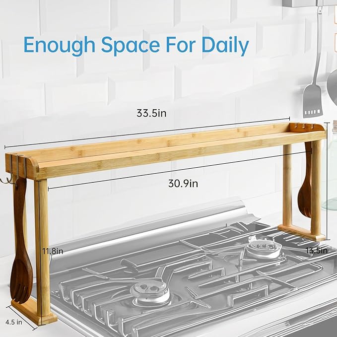 34 Inch Over The Stove Spice Rack Bamboo Over The Stove Shelf for Kitchen, Spice Organizer for Top of Stove, Easy Installation 34.6 * 5.1 * 13.6 Inch