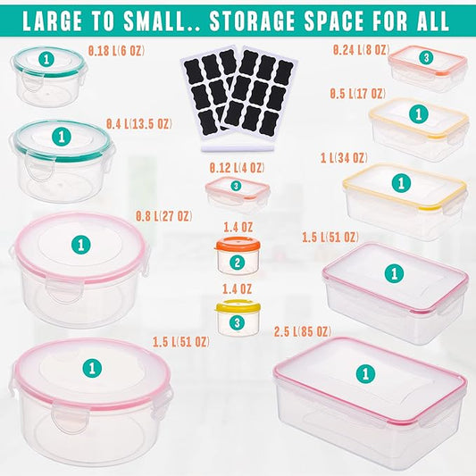 38 Pcs Large Food storage containers-85 oz to Small Container Stackable Kitchen storage bowls sets-BPA Free Leak proof Plastic food Storage Containers with lids airtight-Microwave freezer safe