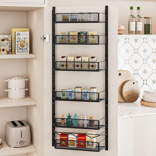 Over The Door Pantry Organizer, 6-Tier Pantry Organization and Storage,Adjustable Hanging Spice Rack Shelves, Cabinet Door Organizer for Easy Install, Home & Kitchen Essentials, Black