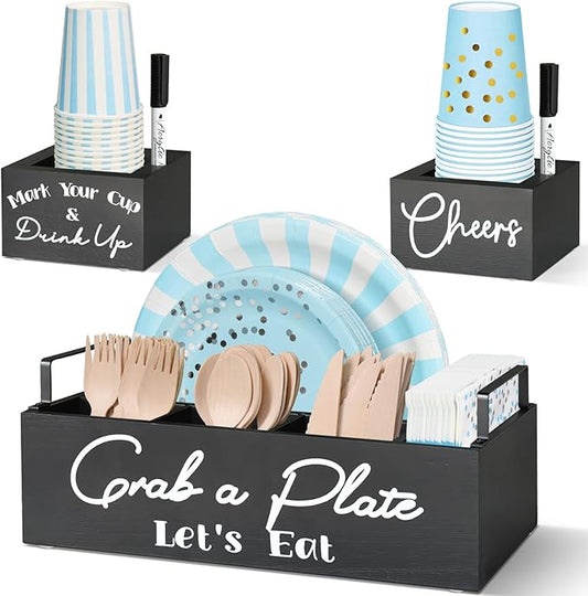 Paper Plate Holders with 2 Cup Holders and 2 Markers, Wood Utensil Holder for Party, Kitchen Paper Plate Dispenser for Counter, Disposable Plate Organizer, Silverware Holder for Cup, Plate, Napkin