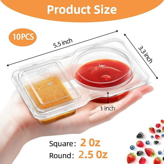 10 Pack Leak-Proof Dual Compartment Containers with Lids, Reusable Sauce Cups for Dips, Condiments, Snacks, Salads – Ideal for Catering, Parties & Takeout