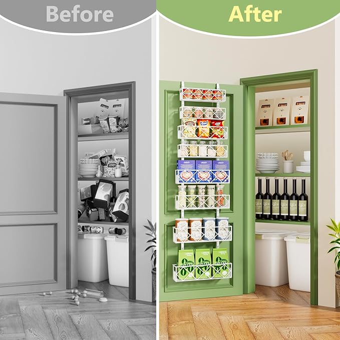 Over the Door Pantry Organizer 8-Tier Adjustable Baskets Hanging Spice Door Rack Narrow - 13.78" W x 65.16" H Behind the Door Storage for Kitchen, Bathroom, and Closet Organization-White