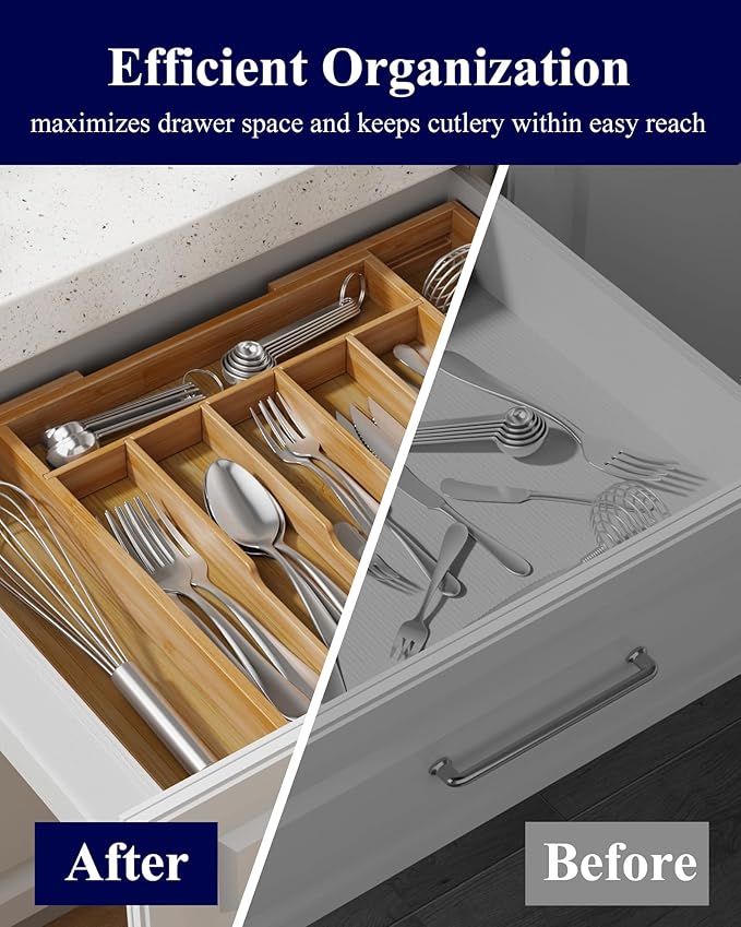 Kitsure Large Thickened Silverware Organizer - Expandable Bamboo Kitchen Drawer Organizer for Cooking Utensils and Cutlery, Sturdy Kitchen Organizers and Storage Solution, 18.5"×13.3"×1.8"