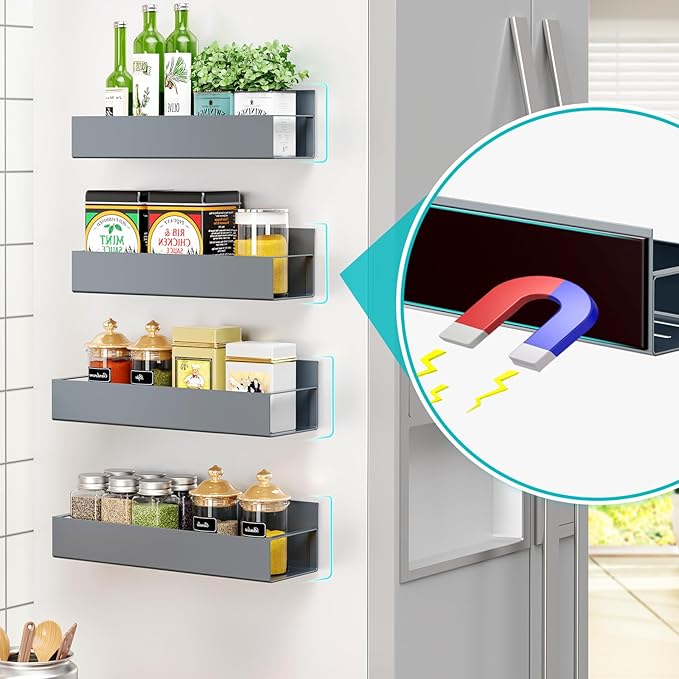 4 Pack Moveable Fridge Magnetic Spice Racks,Metal Grey