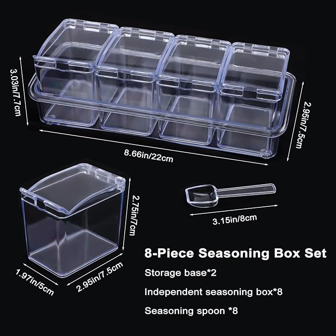 Clear Seasoning Box, 8 Piece Seasoning Rack Spice Pots, Plastic Storage Container Condiment Jars with Lids and Spoon, Kitchen Organization Containers for Spice, Salt, Sugar, Cruet (2 Set)