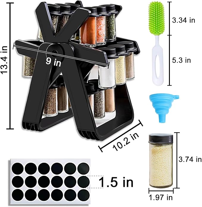 Rotating Spice Rack - Revolving Ferris Wheel Countertop Spice Organization with 18 Glass Spice Jars Countertop Spice Storage Rack for Families Kitchen
