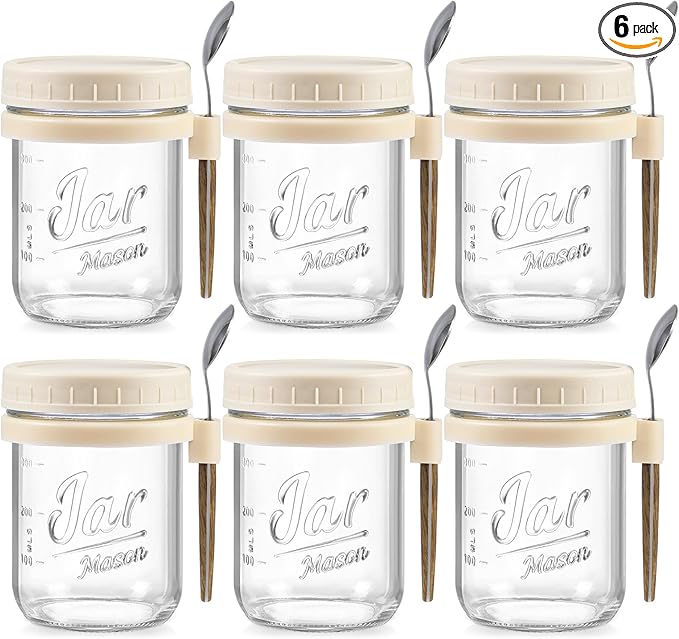 LANDNEOO 6 Pack Overnight Oats Containers with Lids and Spoons, 16 oz Glass Mason Overnight Oats Jars, Large Capacity Airtight Jars for Milk, Cereal, Fruit(Beige