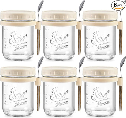 LANDNEOO 6 Pack Overnight Oats Containers with Lids and Spoons, 16 oz Glass Mason Overnight Oats Jars, Large Capacity Airtight Jars for Milk, Cereal, Fruit(Beige