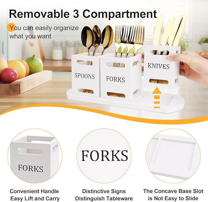 Ayiaren Wooden Flatware Silverware Caddy White Cutlery Holder with Wood Tray Utensils Holder for Kitchen Counter Wood Silverware Organizer for Table Countertop Knife Fork and Spoon Holder for Party