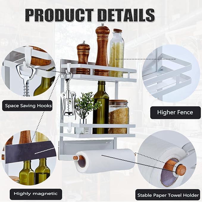 Magnetic Spice Rack for Refrigerator, Moveable Magnetic Paper Towel Holder Metal Fridge Organizer 8 Hooks for Kitchen Space Saving (White)
