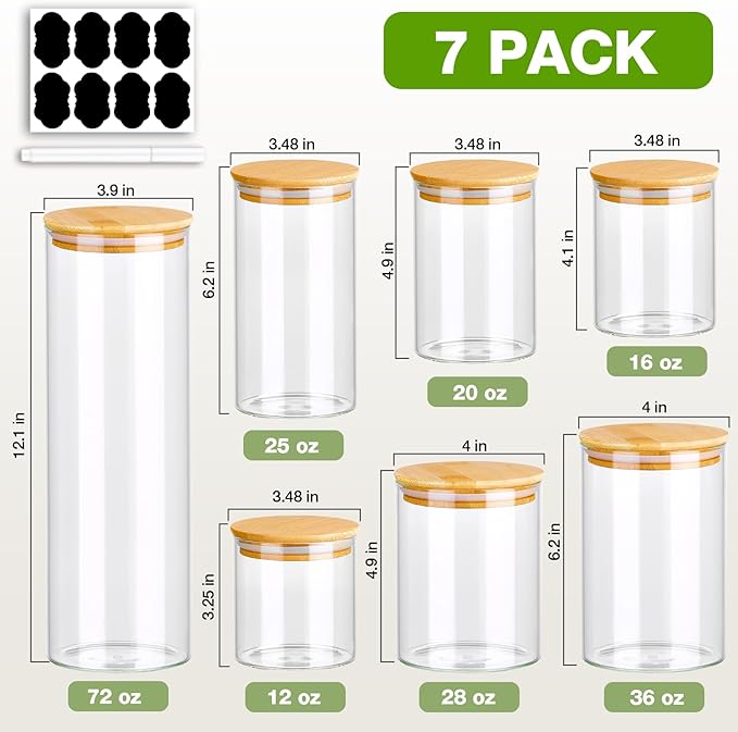 7 Pack Thicker Glass Food Storage Jars with Airtight Bamboo Lids, Clear Glass Storage Containers, Glass Canisters Set for Pasta, Nuts, Coffee Beans, Kitchen Pantry Organization Jar, BPA Free