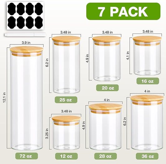 7 Pack Thicker Glass Food Storage Jars with Airtight Bamboo Lids, Clear Glass Storage Containers, Glass Canisters Set for Pasta, Nuts, Coffee Beans, Kitchen Pantry Organization Jar, BPA Free