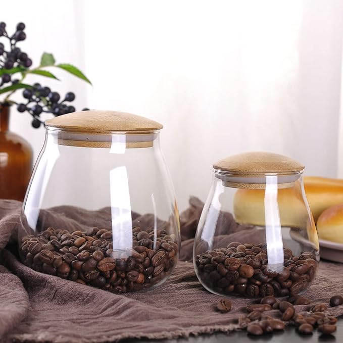 WHJY 13oz Clear Glass Storage Canister Holder with Airtight Bamboo Lid, Small Cute Modern Round Decorative Container Jar for Coffee, Spice, Candy, Salt, Cookie, Condiment, Pepper, Sugar