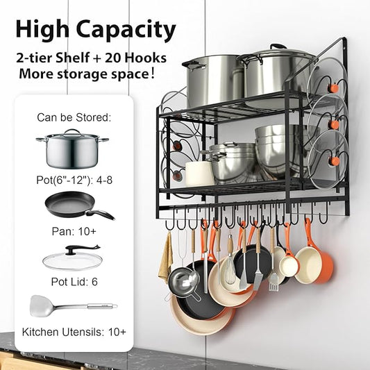 35 Inch Pot Rack Wall Mounted, 2 Tier Pots and Pans Organizer with 20 Hooks and 6 Pot Lid Holders, Heavy Duty Steel Pot and Pan Hanger for Kitchen Cookware Utensils Storage 34.7" Lx13 Wx26.4 H