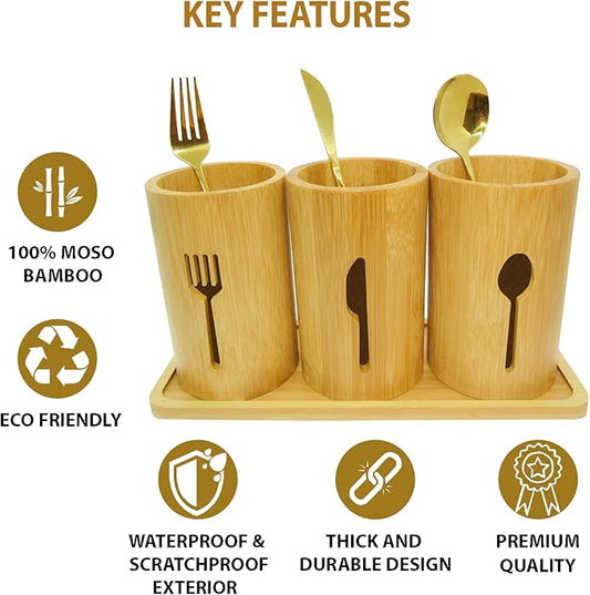 Bamboo Silverware Organizer Countertop, Flatware Caddy, Bamboo Utensil Holder for Party, Kitchen Table, Farmhouse