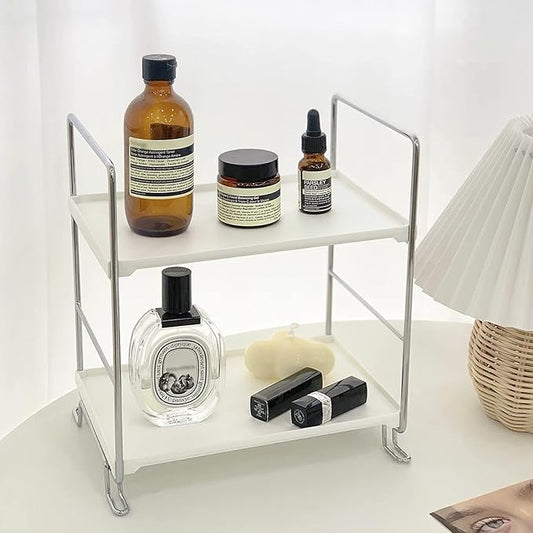 lemonadeus 2-Tier Standing Rack Kitchen Cabinet Spice Rack Plastic/Metal Vanity Tray Cosmetic Organizer Standing Counter Shelf Skincare Organizer (Silver)