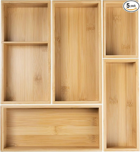 Bamboo Drawer Organizer Boxes Set, 5-Piece Multi-use Drawer Dividers Storage Trays for Kitchen Utensils, Makeup Jewelry, Office Supplies