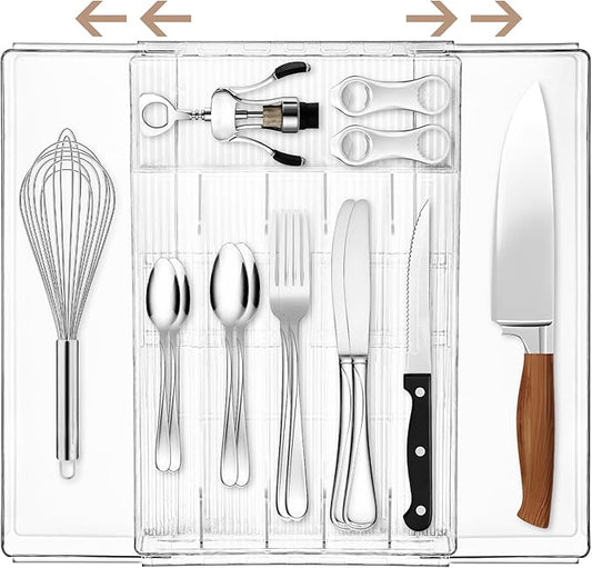 Silverware Drawer Organizer, Expandable Utensil & Cutlery Holder, Adjustable Plastic Tray for Forks&Spoons or Knives with Knife Blocks, Kitchen Storage Solution, Clear