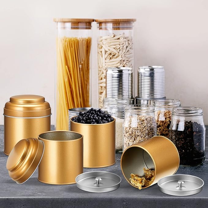 12 Pcs Tea Tin Canister with Airtight Double Lids 8 oz Round Tin Can Box Small Kitchen Tea Canister Loose Leaf Storage Containers for Loose Bags Coffee Sugar Candy Spices(Bronze Gold)