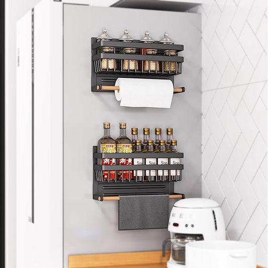 Sleclean Magnetic Spice Rack Organizer for Refrigerator, 2 Pack, Magnetic Paper Towel Holder, Kitchen Magnetic Shelf,11.8"x4.5"x6.3",Black