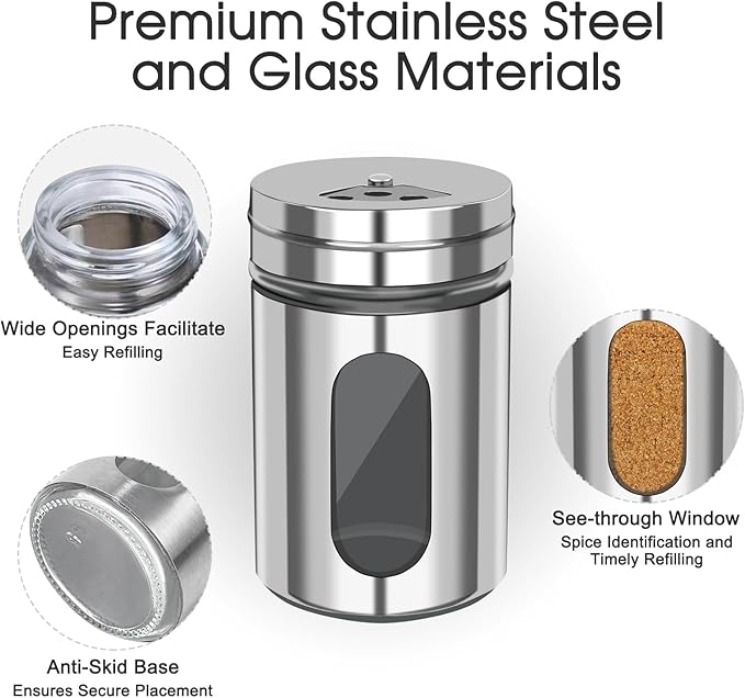 2 PCS Stainless Steel Salt and Pepper Shakers with Adjustable Pour Holes – Elegant Glass and Metal Spice Shakers for Coarse, Kosher, Sugar, Cinnamon, and Spices