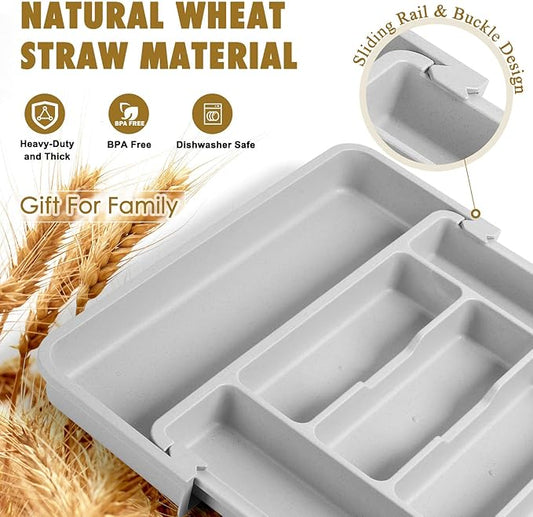 FANCILLA Silverware Organizer for Kitchen Drawers, Wheat Straw Large Expandable Utensil Drawer Organizer, BPA Free Adjustable Cutlery Holder, Dishwasher Safe Flatware Tray, 6-8 Slots (Gray)