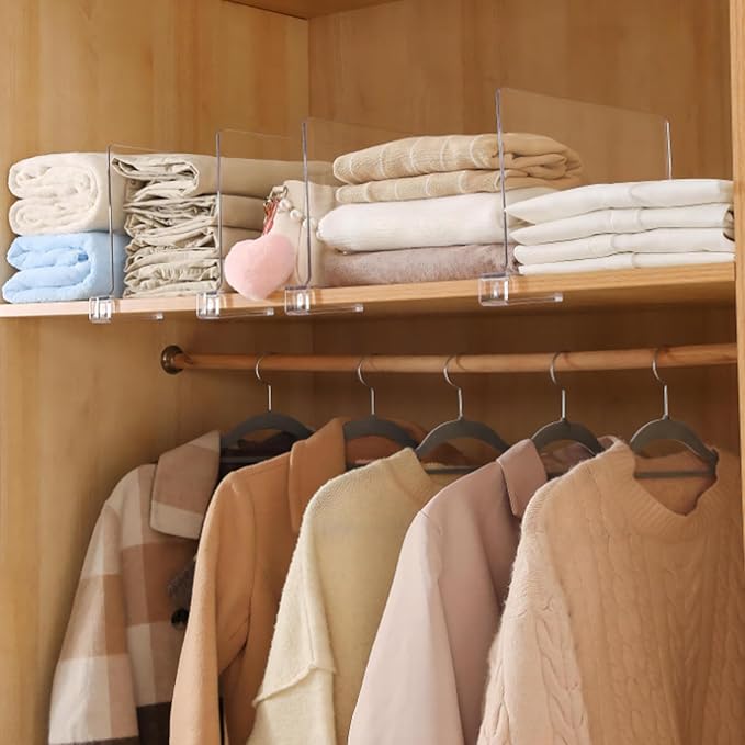 SSAWcasa Shelf Dividers for Closet Organization, 12 Pack Clear Acrylic Dividers Shelf Organizer for Wood Shelves, Bag Purse Clothes Sweater Shirt Storage Separator for Bedroom Wardrobe Kitchen