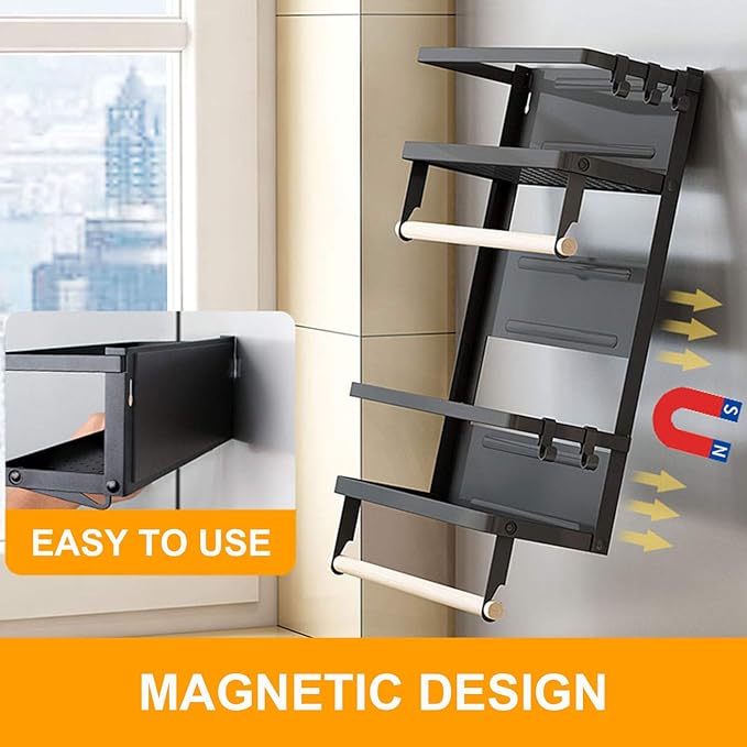 EASTTOWEST Magnetic Spice Rack,4 Tier Kitchen Magnetic Shelf for Refrigerator Fridge Organizer with 2 Paper Towel Holders and 5 Removable Hooks,Matte Black
