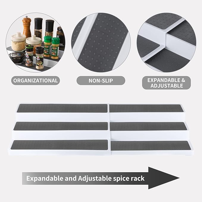 3-Tier Spice Racks Organizer for Cabinet,Non Skid Spice Rack for Countertop,Kitchen Expandable Seasoning Shelving Organizer Spice Storage for Inside of Cabinet