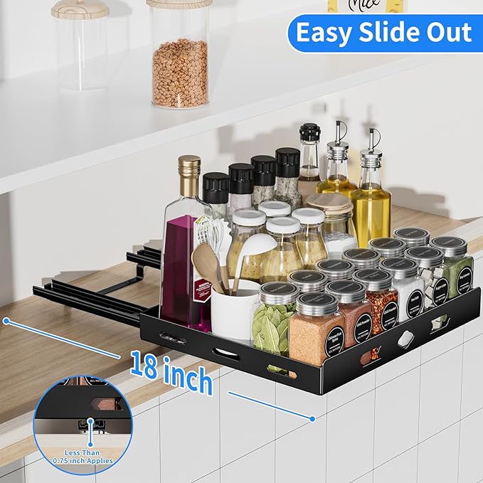 Metal Black Pull Out Spice Rack Organizer, Heavy Duty-Slide Out, Vertical Spice Rack for Kitchen Cabinet and Pantry (12.6''Wx10.5''Dx2.8''H)