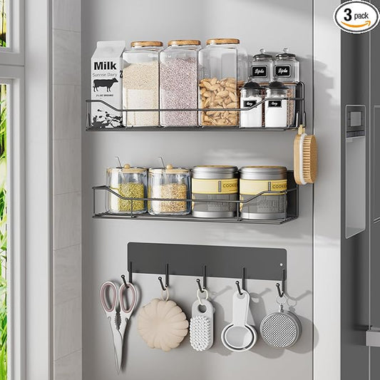 Magnetic Spice Rack for Refrigerator, 3 Pack Metal Magnet Spice Organizer Shelf with Hook Rack, Magnetic Fridge Shelves for Kitchen Organization and Storage, Seasoning Organizer Gadgets (Black)