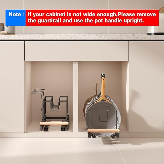2 Pack Pull Out Pots and Pans Organizer Under Cabinet, 22" Deep Expandable Pot Lid Organizer and Storage with 10 Adjustable Dividers Adhesive Pot and Pan Holder Rack with Handle Bracket(Black)