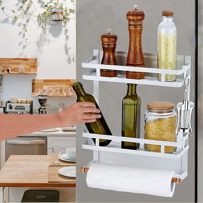 Magnetic Spice Rack for Refrigerator, Moveable Magnetic Paper Towel Holder Metal Fridge Organizer 8 Hooks for Kitchen Space Saving (White)
