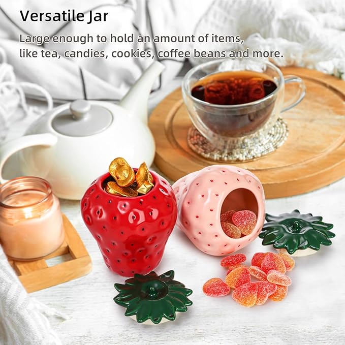 2 Pack Ceramic Strawberry Jars, Strawberry Shaped Canisters With Lids, Unique Multifunction Tea Storage Tin, Farmhouse Food Container for Sugar Biscuit, Strawberry Decor for Home, Red Pink