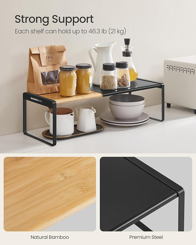 SONGMICS HOME Spice Racks, Expandable Cupboard Shelf Orgnizers, Kitchen Counter Shelves, Bamboo and Metal, Space-Saving Shelving, Stackable, Natural Beige and Ink Black UKCS051B01