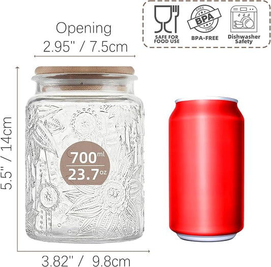 Vintage Glass Jar with Bamboo Lid, 23.7 fl oz - Airtight Decorative Food Storage Canisters for Kitchen Counter, Ideal for Candy, Sugar, Coffee, Tea,Cute Jar(Sunflower*1)