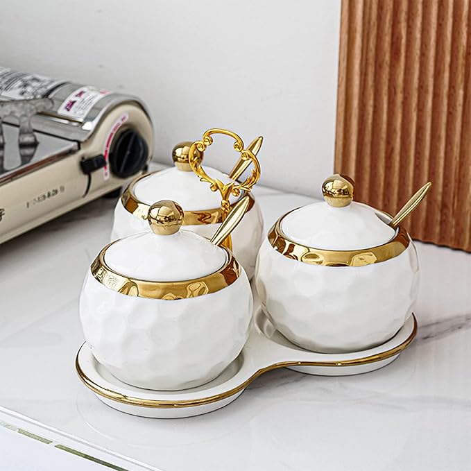 ZENFUN Set of 3 Ceramic Condiment Pots with Trays, Condiment Jars Containers with Lids and Spoons, Porcelain Sugar Salt Bowls Set, White Spice Seasoning Box for Kitchen, Restaurant, Counter, Home