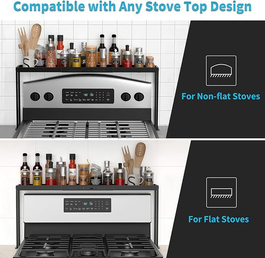Stove Top Shelf, Kitchen Over Shelf for Stove, Stove Spice Rack for Top, Adjustable 27-33inch, Fits Various Stove Lengths, Kitchen Spice Organizer, Condiments and BBQ Sauces, Black