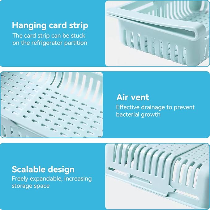 2PCS Refrigerator Drawer, Fridge Drawer Organizer Pull out Storage Drawer Under Shelf Drawer Refrigerator Organizer Bin for Egg Fruit Vegetable(Blue)