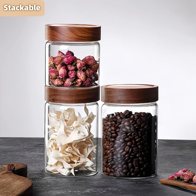 17 Fl oz/500 ml Glass Food Storage Jar, Small Clear Glass Container Jar with Airtight Wooden Screw Lid, Kitchen Canisters for Coffee,Tea,Pasta,Cookies, Nuts,Spice,Candy,Overnight Oatmeal