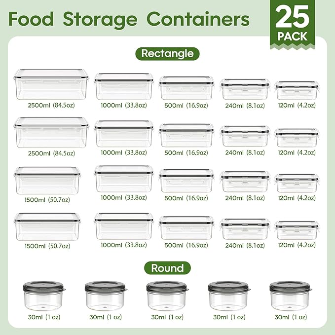 50-Piece Food Storage Containers with Lids(25 Containers & 25 Lids), Plastic Food Containers for Pantry & Kitchen Storage and Organization, BPA-Free, Leak Proof, Reusable with Labels & Pen